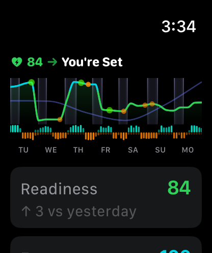 Lepo on Apple Watch showing readiness 84, You’re Set, and a seven-day recovery graph.